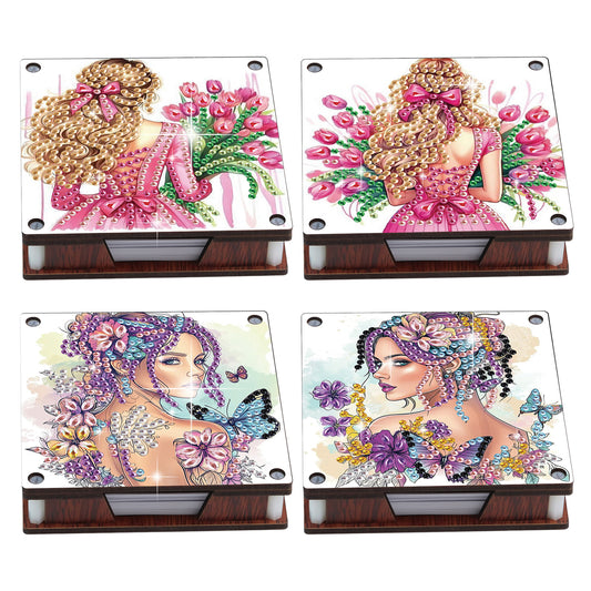 4pcs Wooden DIY Elegant Girl Diamond Painting Kit Note Box with 480 Papers Gifts