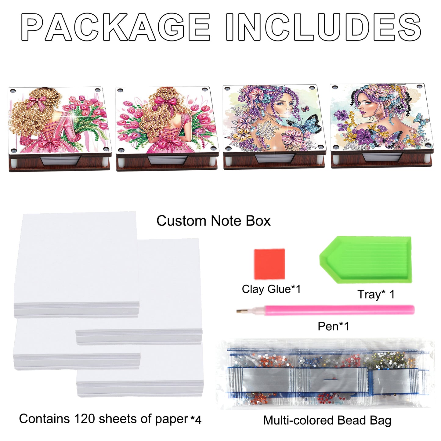 4pcs Wooden DIY Elegant Girl Diamond Painting Kit Note Box with 480 Papers Gifts