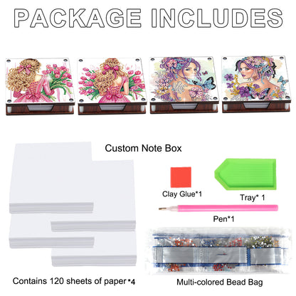 4pcs Wooden DIY Elegant Girl Diamond Painting Kit Note Box with 480 Papers Gifts