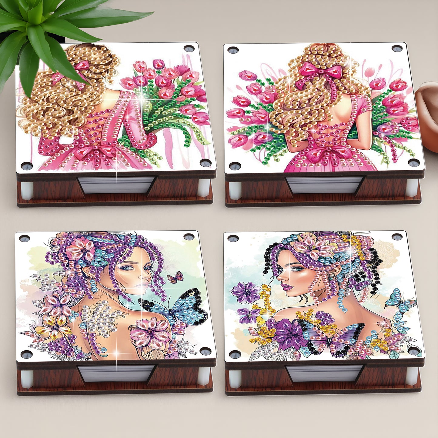 4pcs Wooden DIY Elegant Girl Diamond Painting Kit Note Box with 480 Papers Gifts