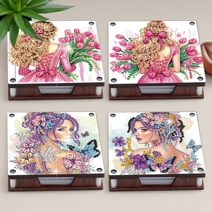 4pcs Wooden DIY Elegant Girl Diamond Painting Kit Note Box with 480 Papers Gifts