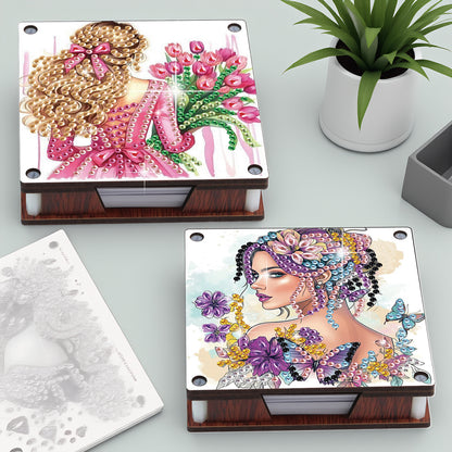 4pcs Wooden DIY Elegant Girl Diamond Painting Kit Note Box with 480 Papers Gifts