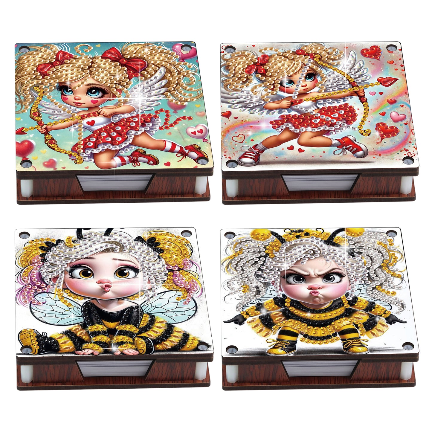 4pcs Wooden DIY Cute Girl Diamond Painting Kit Note Box with 480 Papers Gifts