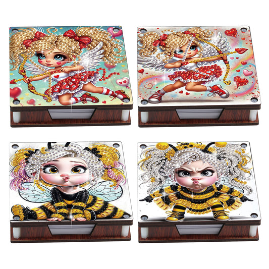 4pcs Wooden DIY Cute Girl Diamond Painting Kit Note Box with 480 Papers Gifts