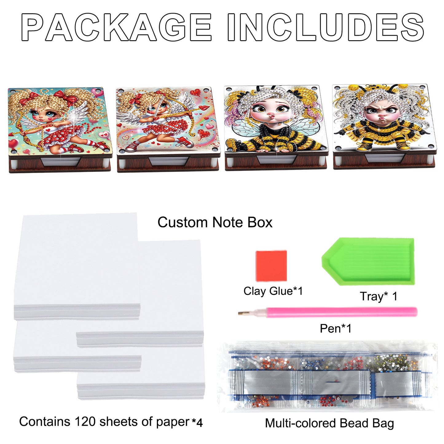 4pcs Wooden DIY Cute Girl Diamond Painting Kit Note Box with 480 Papers Gifts