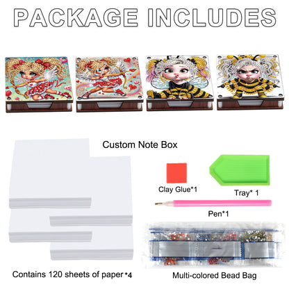 4pcs Wooden DIY Cute Girl Diamond Painting Kit Note Box with 480 Papers Gifts
