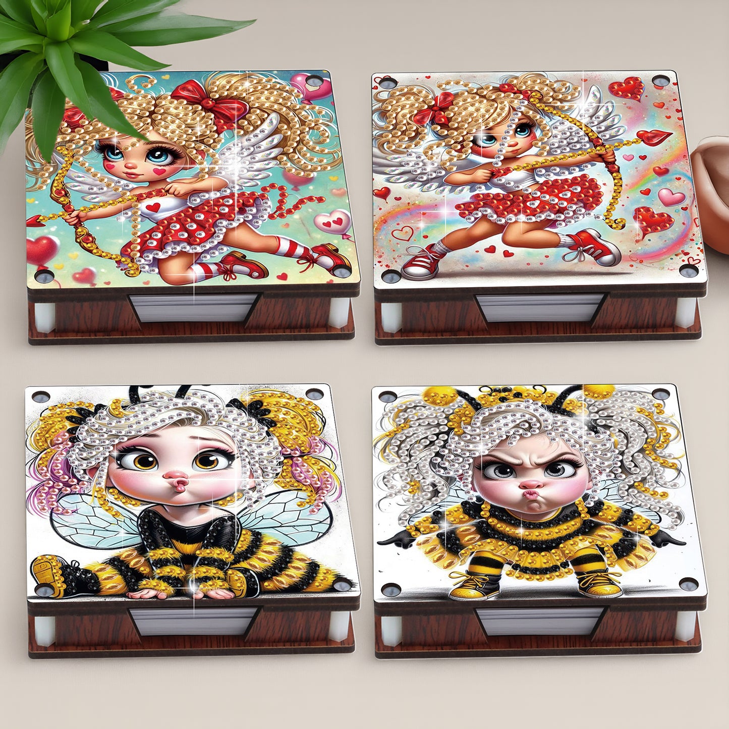 4pcs Wooden DIY Cute Girl Diamond Painting Kit Note Box with 480 Papers Gifts