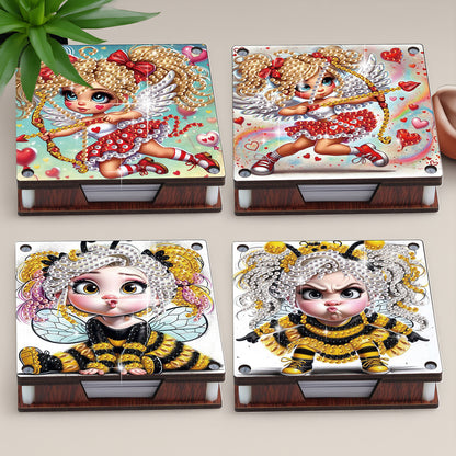 4pcs Wooden DIY Cute Girl Diamond Painting Kit Note Box with 480 Papers Gifts