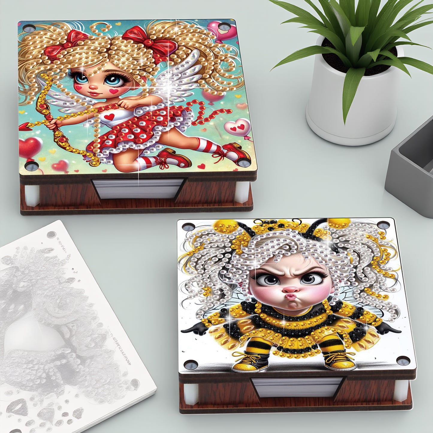 4pcs Wooden DIY Cute Girl Diamond Painting Kit Note Box with 480 Papers Gifts