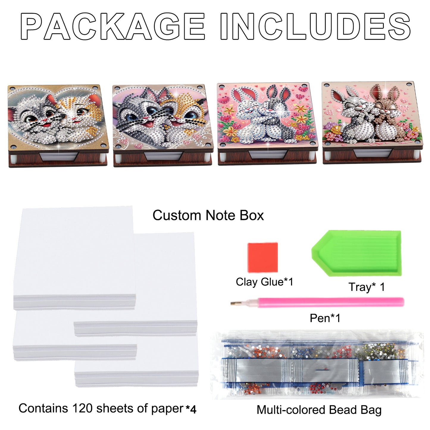 4pcs Wooden DIY Bunny Cat Diamond Painting Kit Note Box with 480 Papers Gifts