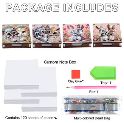 4pcs Wooden DIY Bunny Cat Diamond Painting Kit Note Box with 480 Papers Gifts