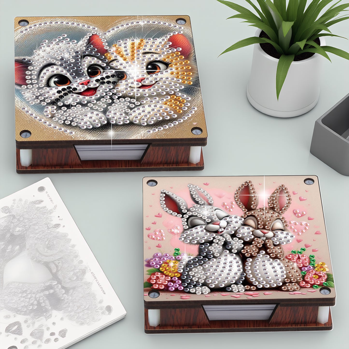 4pcs Wooden DIY Bunny Cat Diamond Painting Kit Note Box with 480 Papers Gifts
