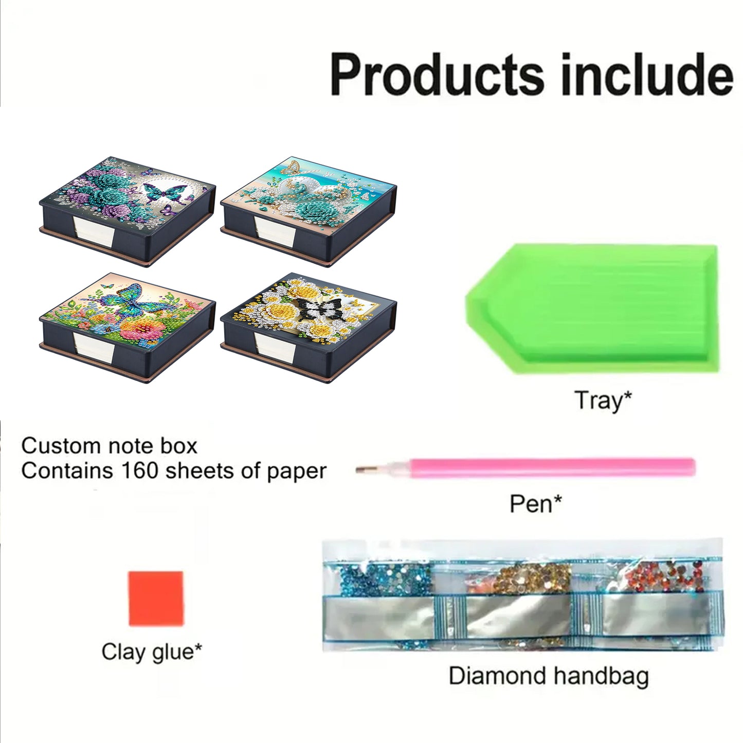 4pcs Flower Butterfly 2 PU DIY Diamond Painting Kit Note Box with 160 Papers