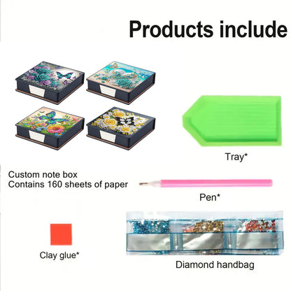 4pcs Flower Butterfly 2 PU DIY Diamond Painting Kit Note Box with 160 Papers