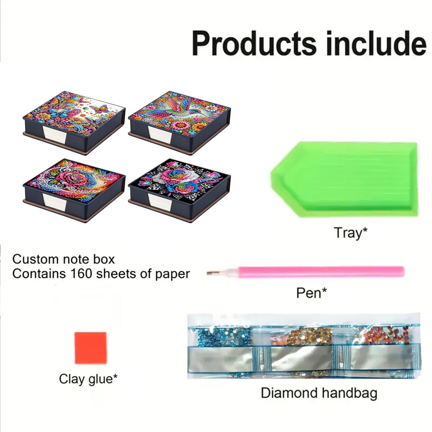 4pcs Flower Bird PU DIY Diamond Painting Kit Note Box with 160 Papers for Office
