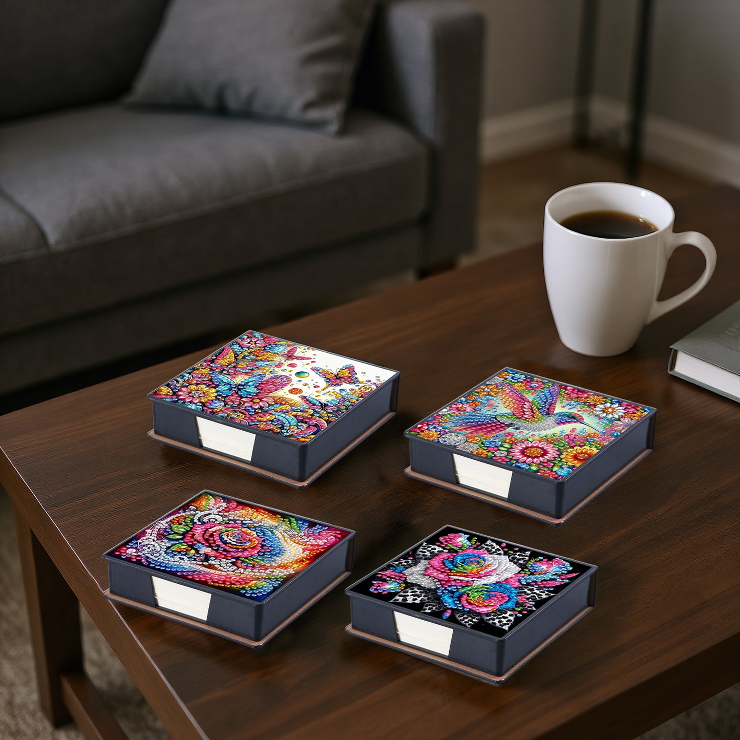 4pcs Flower Bird PU DIY Diamond Painting Kit Note Box with 160 Papers for Office