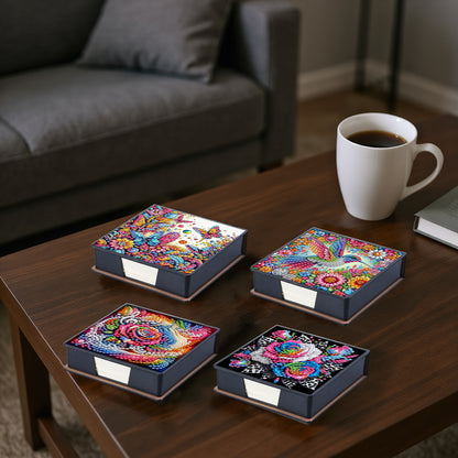 4pcs Flower Bird PU DIY Diamond Painting Kit Note Box with 160 Papers for Office