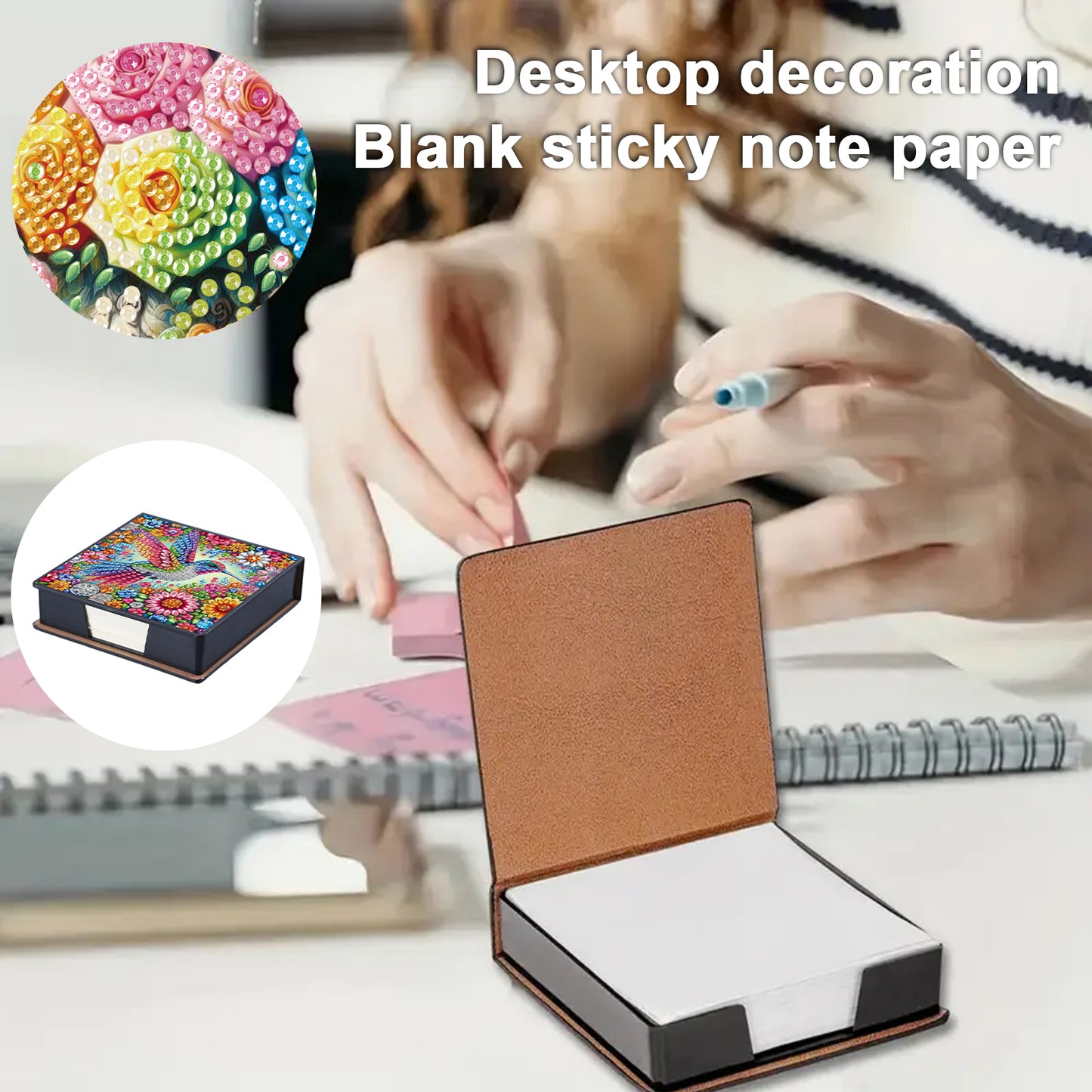 4pcs Flower Bird PU DIY Diamond Painting Kit Note Box with 160 Papers for Office