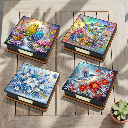 4pcs Flower Bird Dragonfly PU DIY Diamond Painting Kit Note Box with 160 Papers