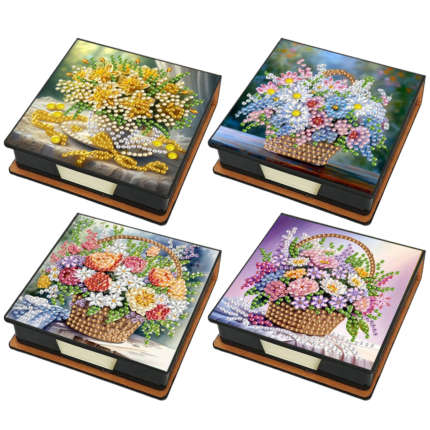 4pcs Flower Basket PU DIY Diamond Painting Kit Note Box with 160 Sheets of Paper