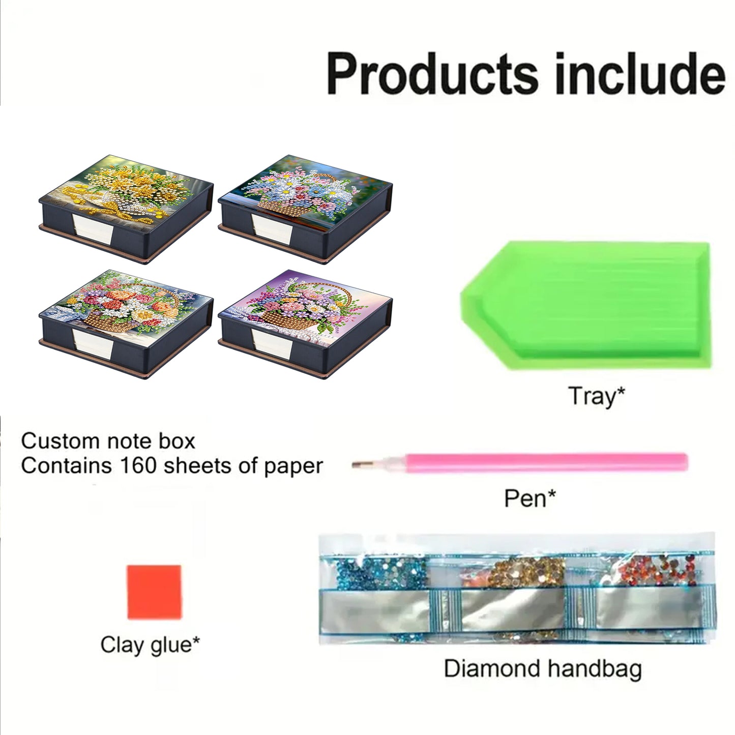 4pcs Flower Basket PU DIY Diamond Painting Kit Note Box with 160 Sheets of Paper
