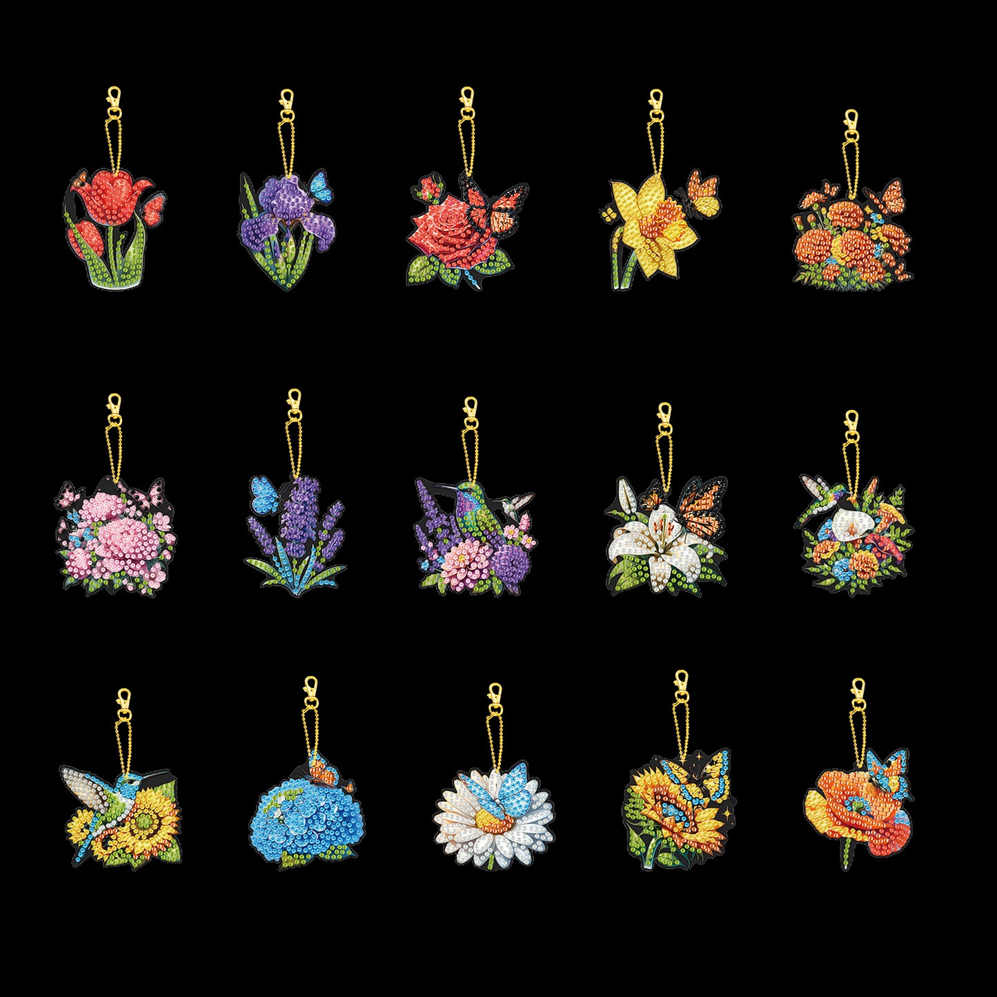 15Pcs Flowers DIY Double Sided Diamond Painting Keychain Kits for Beginners