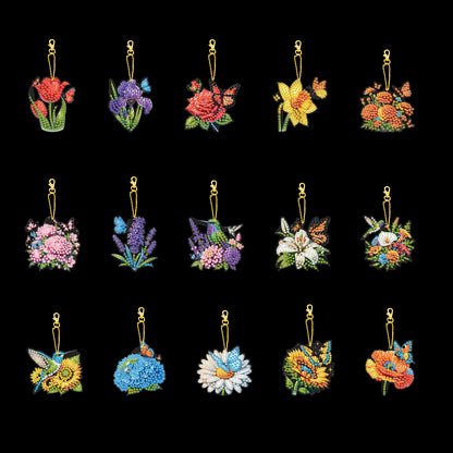15Pcs Flowers DIY Double Sided Diamond Painting Keychain Kits for Beginners