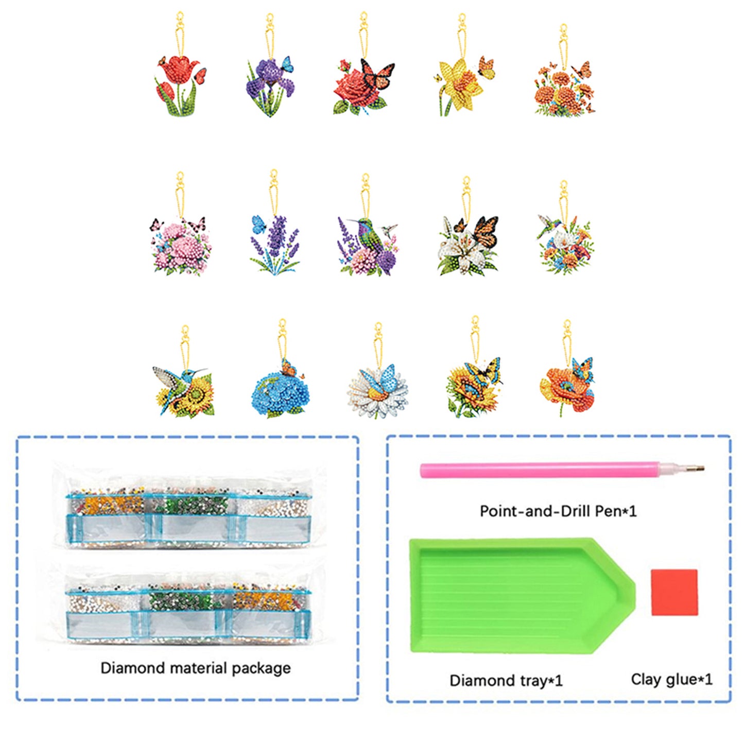 15Pcs Flowers DIY Double Sided Diamond Painting Keychain Kits for Beginners