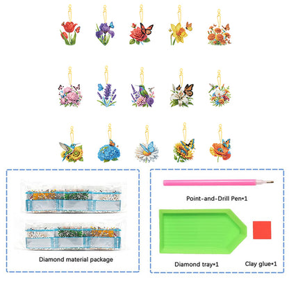 15Pcs Flowers DIY Double Sided Diamond Painting Keychain Kits for Beginners