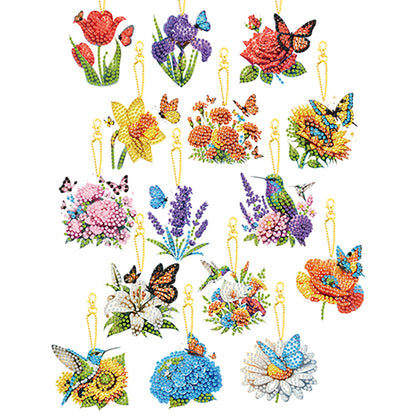 15Pcs Flowers DIY Double Sided Diamond Painting Keychain Kits for Beginners