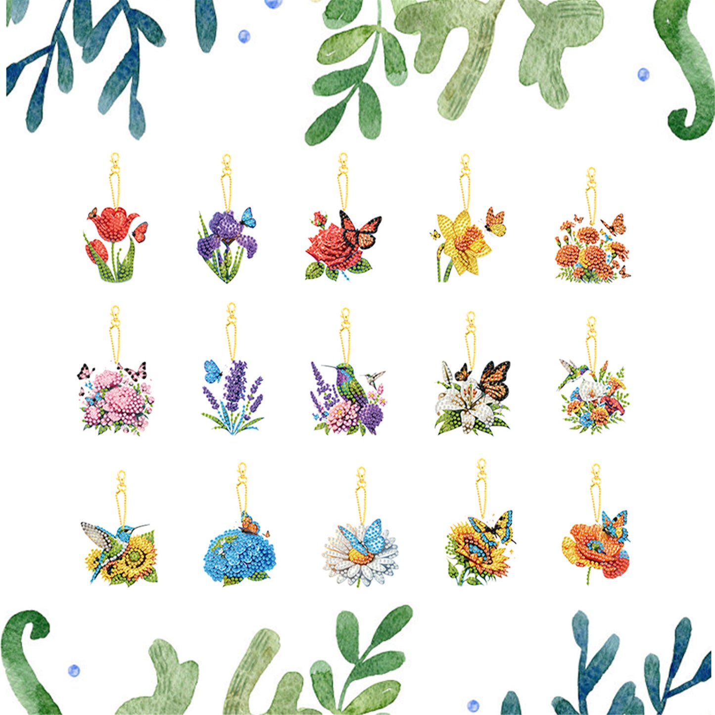 15Pcs Flowers DIY Double Sided Diamond Painting Keychain Kits for Beginners