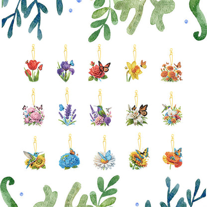 15Pcs Flowers DIY Double Sided Diamond Painting Keychain Kits for Beginners