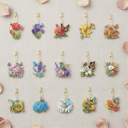 15Pcs Flowers DIY Double Sided Diamond Painting Keychain Kits for Beginners