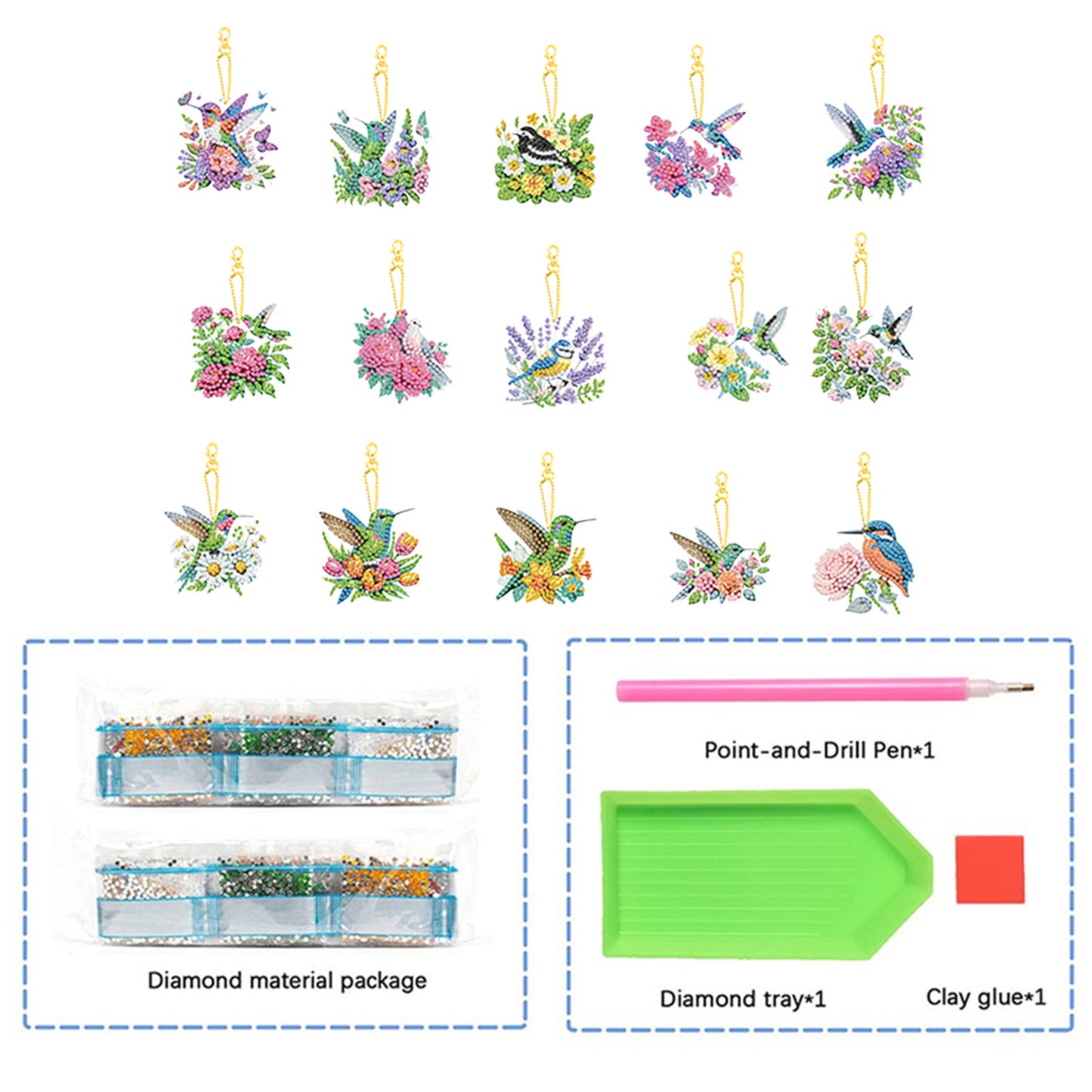 15Pcs Flowers Birds DIY Double Sided Diamond Painting Keychain Kits for Adults