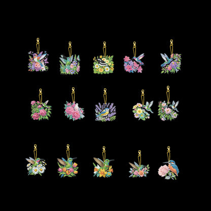 15Pcs Flowers Birds DIY Double Sided Diamond Painting Keychain Kits for Adults