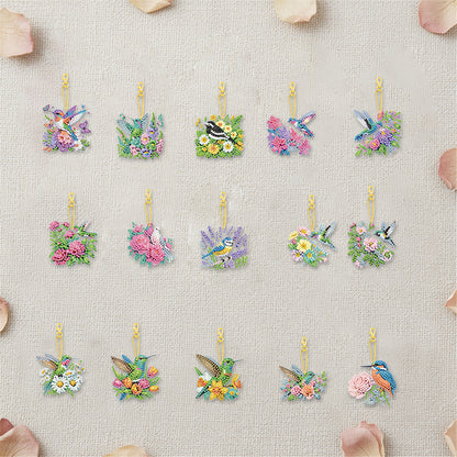 15Pcs Flowers Birds DIY Double Sided Diamond Painting Keychain Kits for Adults