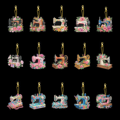 15Pcs Sewing Machine DIY Double Sided Diamond Painting Keychain Kits for Adults