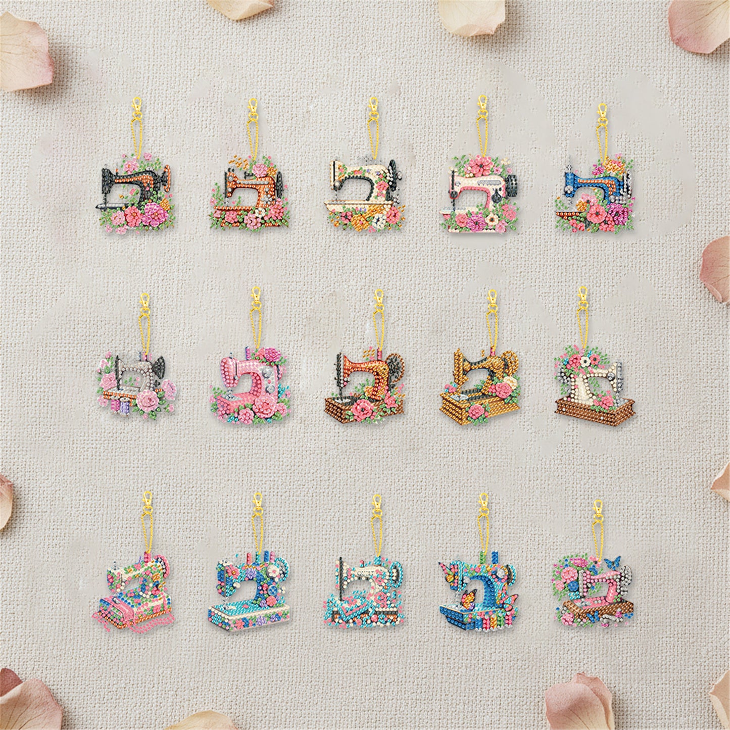 15Pcs Sewing Machine DIY Double Sided Diamond Painting Keychain Kits for Adults