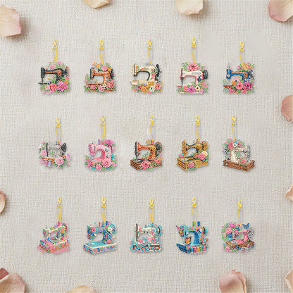 15Pcs Sewing Machine DIY Double Sided Diamond Painting Keychain Kits for Adults