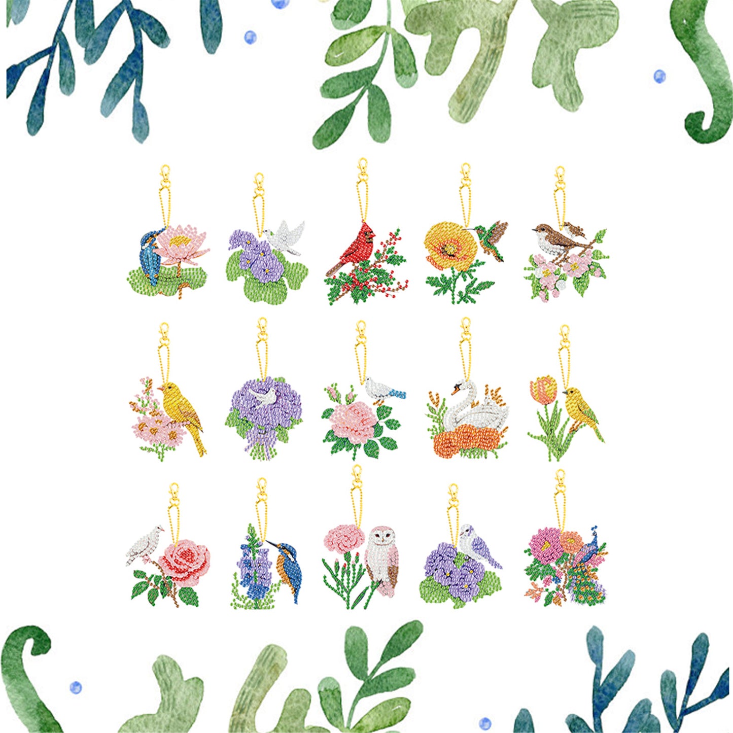 15Pcs Flowers Animals DIY Double Sided Diamond Painting Keychain Kits for Adults