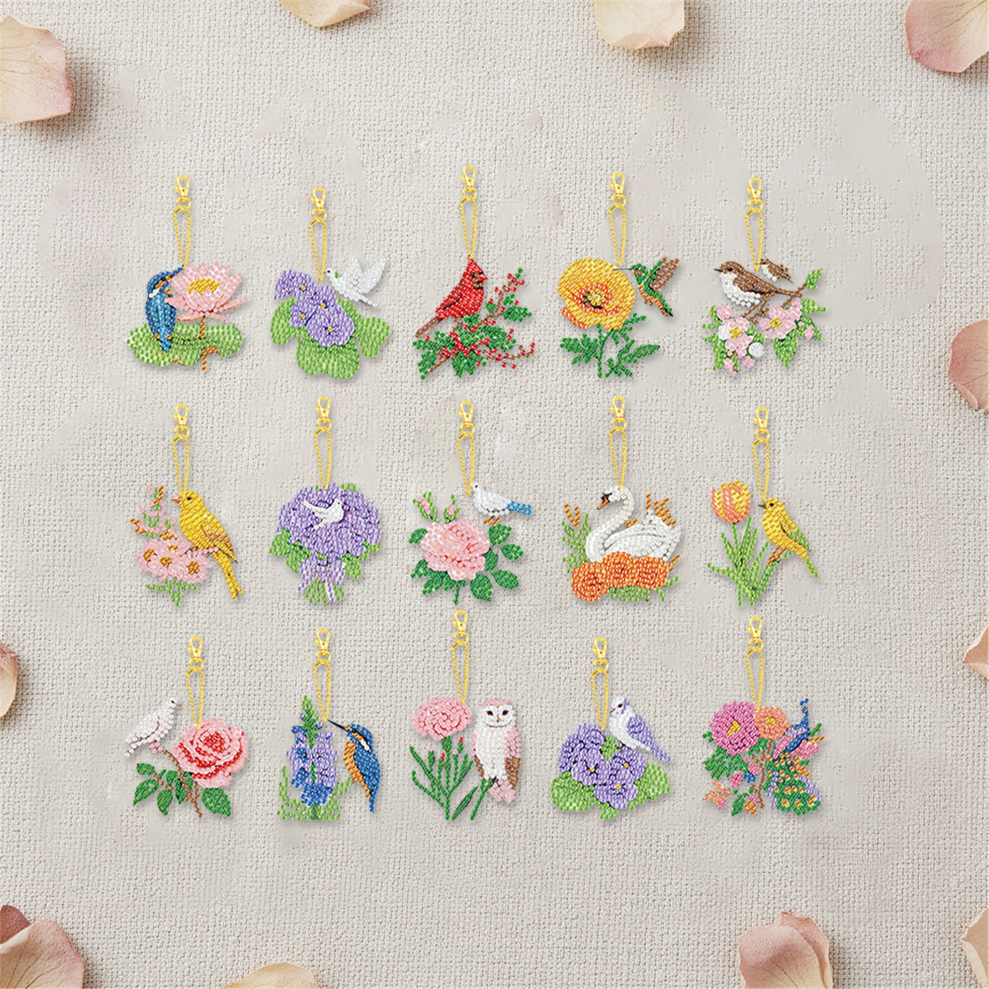 15Pcs Flowers Animals DIY Double Sided Diamond Painting Keychain Kits for Adults