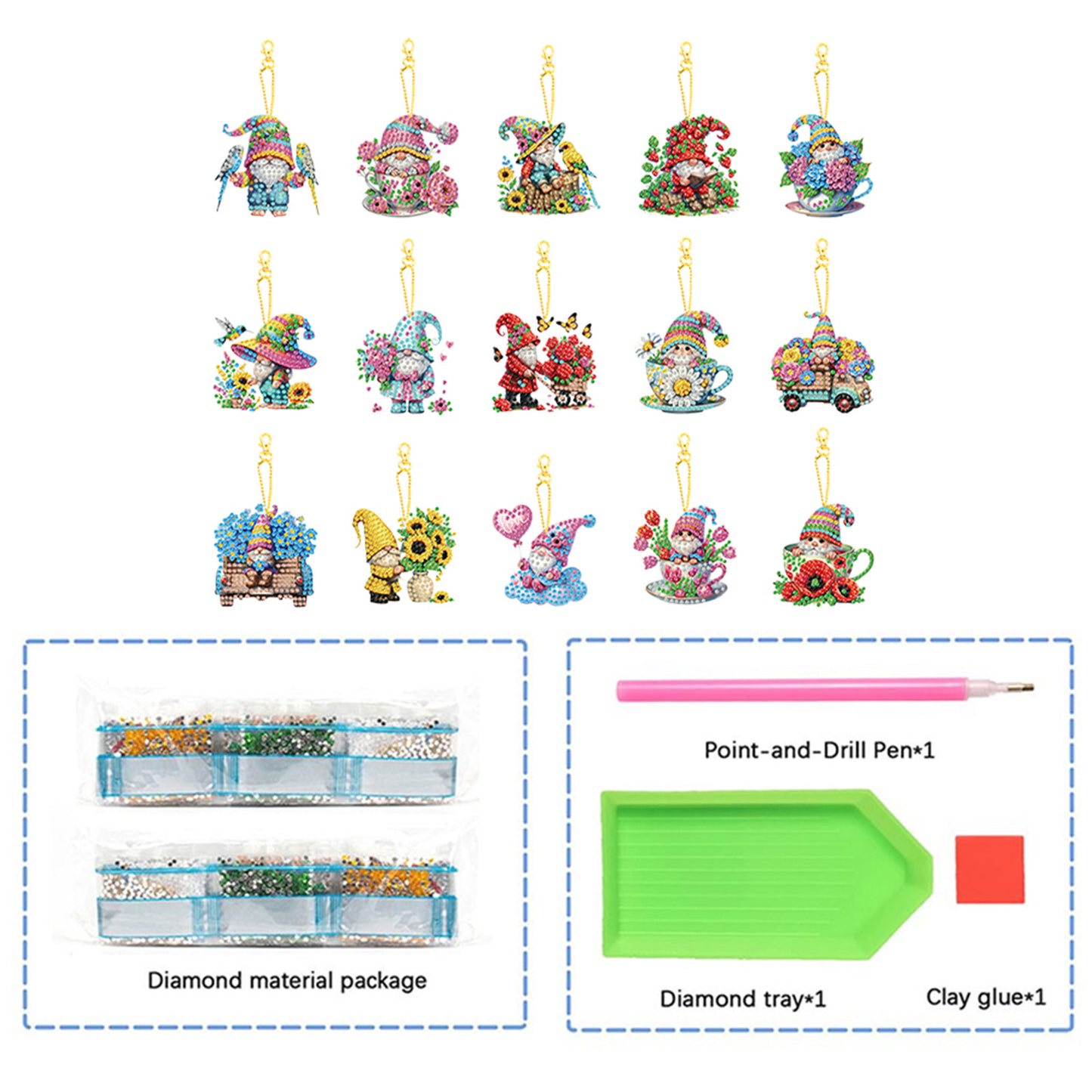 15Pcs Gnome DIY Double Sided Diamond Painting Keychain Kits for Beginners