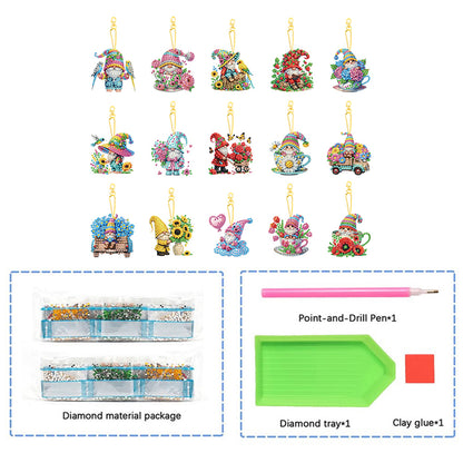 15Pcs Gnome DIY Double Sided Diamond Painting Keychain Kits for Beginners