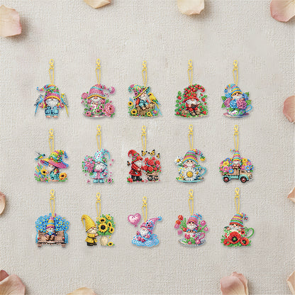 15Pcs Gnome DIY Double Sided Diamond Painting Keychain Kits for Beginners
