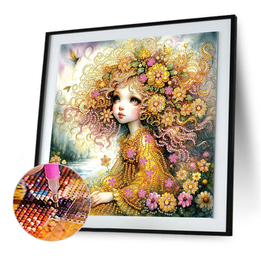 Little Girl With Yellow Flower - Special Shaped Drill Diamond Painting 30*30CM