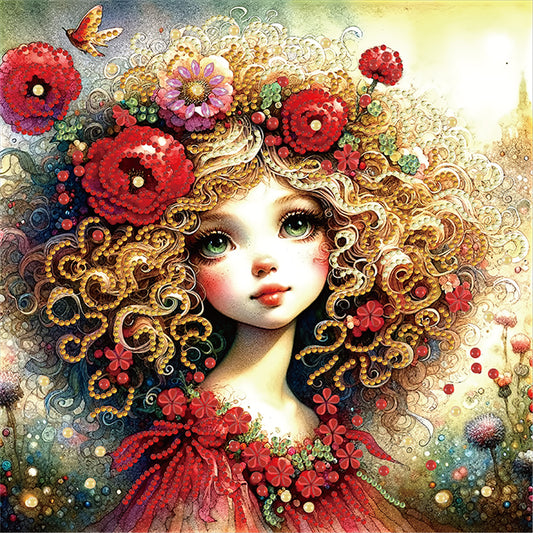Little Girl With Red Flower - Special Shaped Drill Diamond Painting 30*30CM