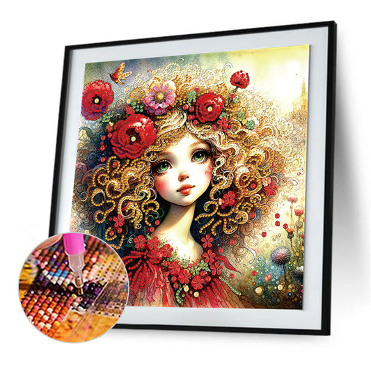 Little Girl With Red Flower - Special Shaped Drill Diamond Painting 30*30CM