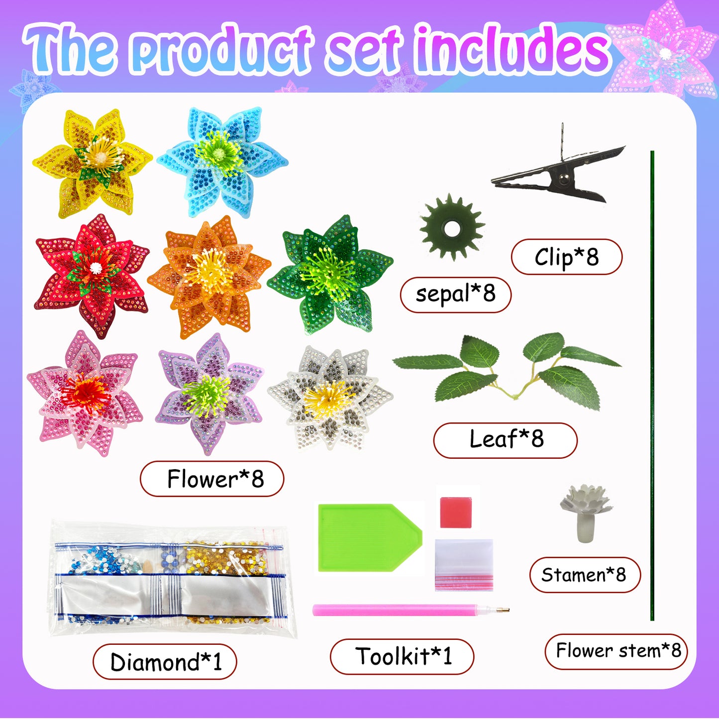 8Pcs 3D Artificial Flowers DIY Desktop Diamond Art Kits for Adults Home Decor