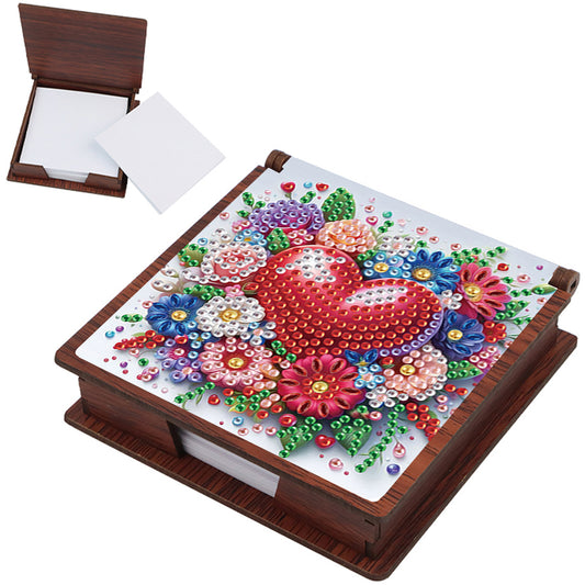Wooden DIY Flower Heart Diamond Painting Kit Note Box with 160 Papers for Office