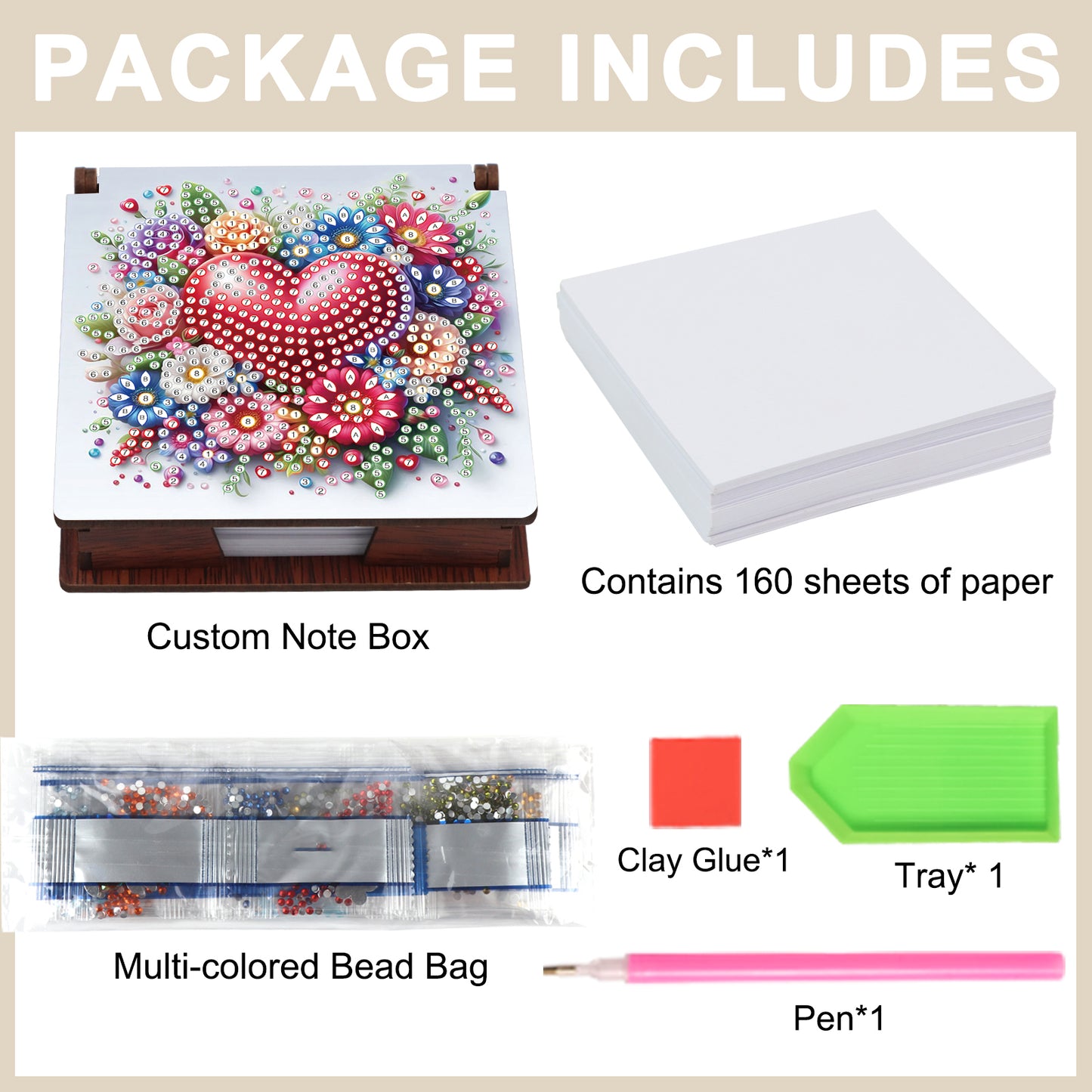 Wooden DIY Flower Heart Diamond Painting Kit Note Box with 160 Papers for Office
